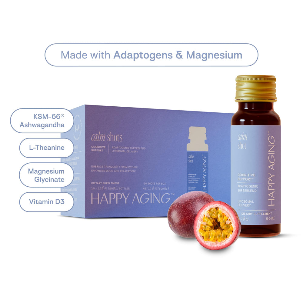 Happy Aging L-theanine and L-tyrosine shot close-up promoting calm focus during busy days