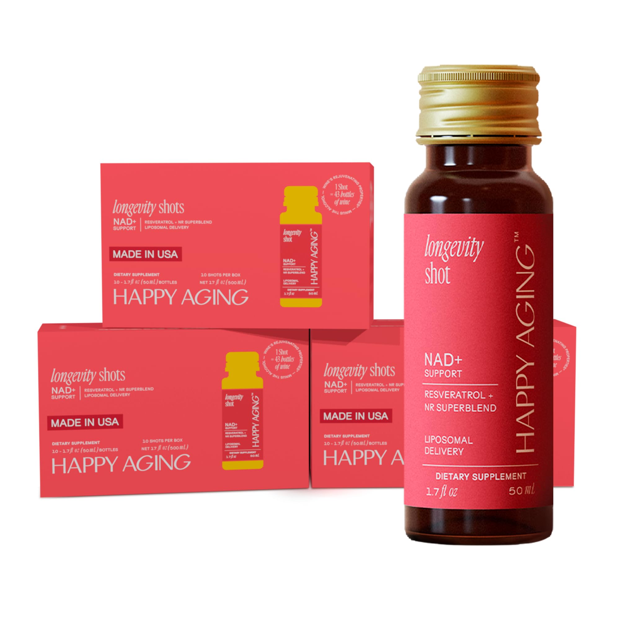 Happy Aging NAD+ shot bottle pouring for quick energy support