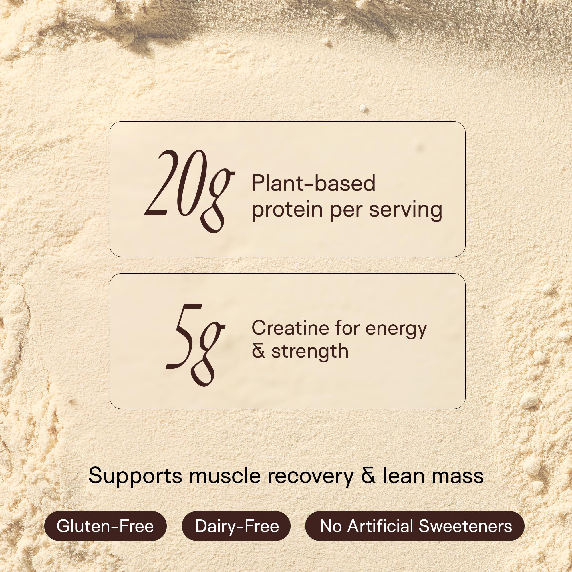 Happy Aging non-GMO organic ingredients badge suggests a clean vegan protein option