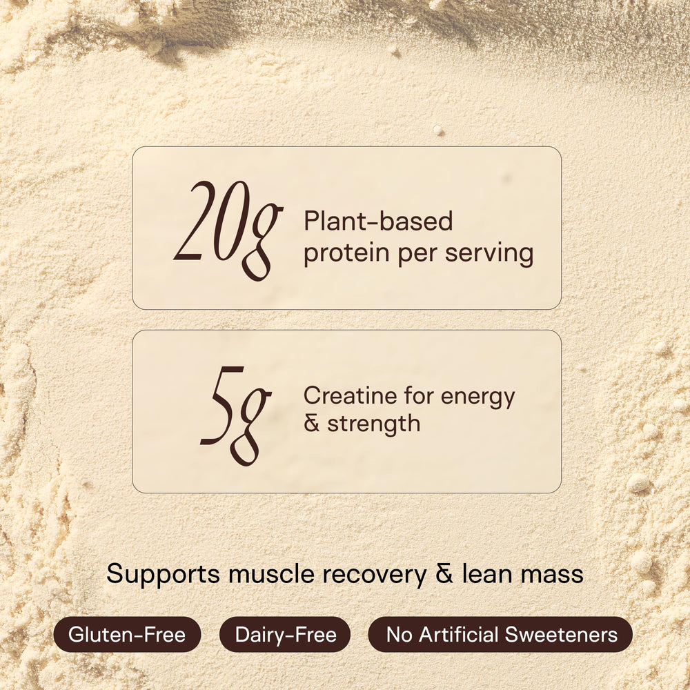 Happy Aging non-GMO organic ingredients badge suggests a clean vegan protein option