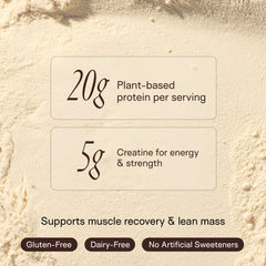 Happy Aging non-GMO organic ingredients badge suggests a clean vegan protein option