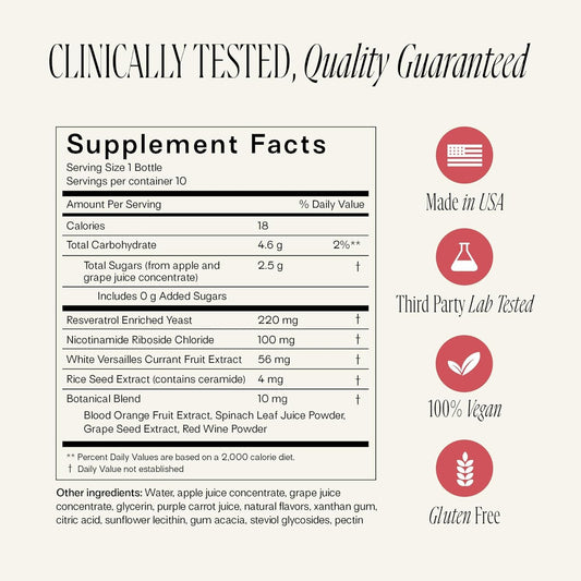 Happy Aging NAD+ Shots berry flavor poured into a glass for a quick refresh.