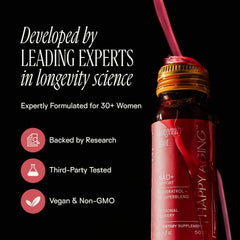 Happy Aging NAD+ Shots ingredients panel highlighting eight premium components.