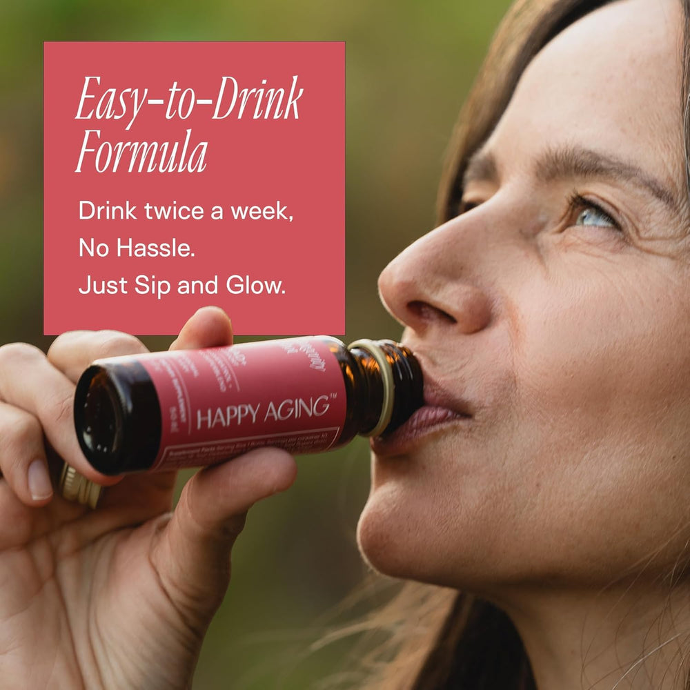 Happy Aging NAD+ Shots liposomal delivery concept emphasizing absorption.