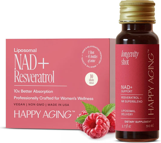 Happy Aging NAD+ Shots bottle with a woman; berry flavor supports energy.