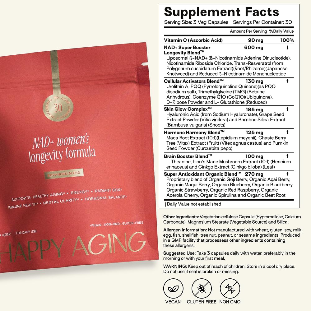 Happy Aging NAD supplement lifestyle image with water glass and vitamins.