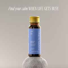 Happy Aging passionfruit seed extract shot bottle highlighting restful sleep support