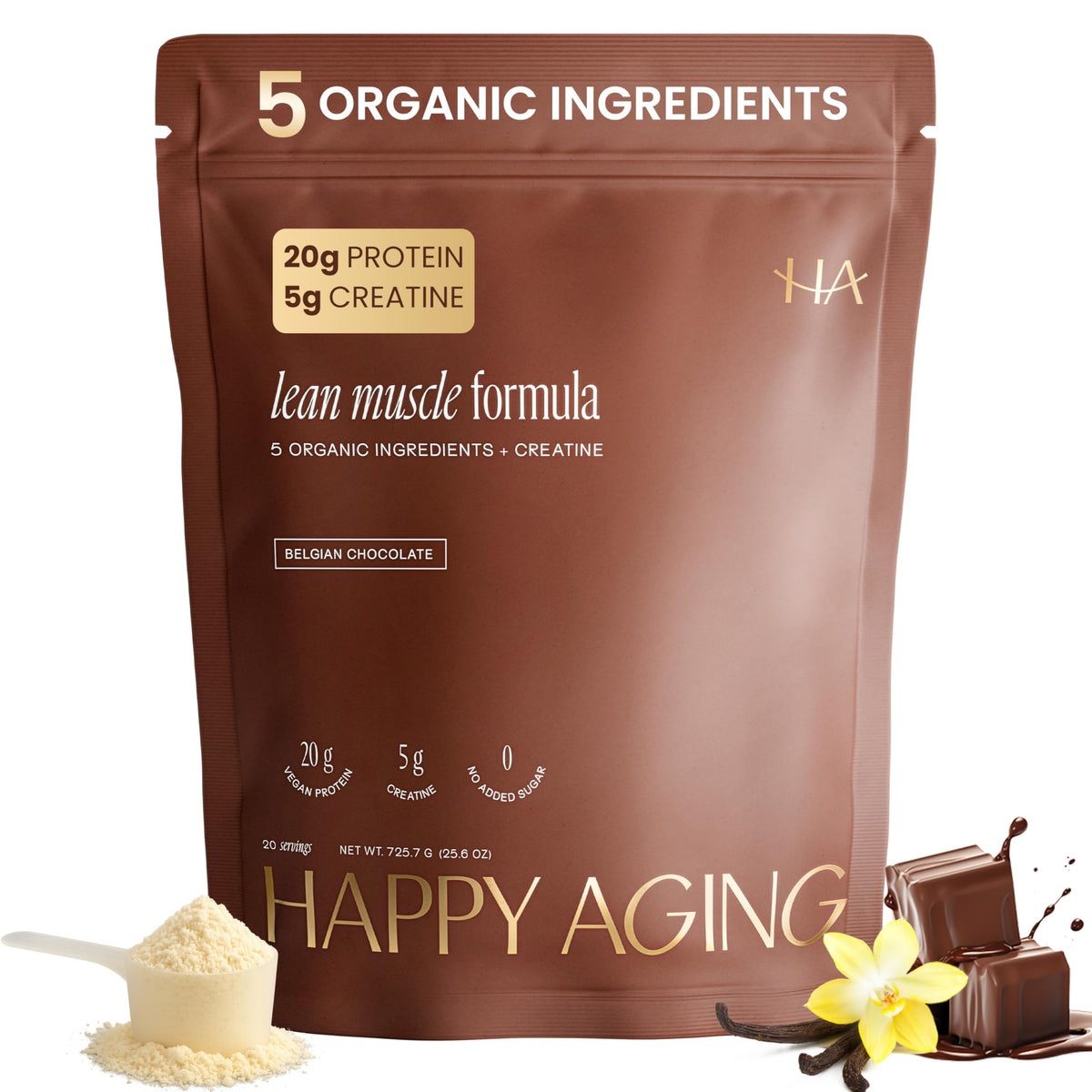 Happy Aging protein powder for women tub front with 20g plant-based protein per serving