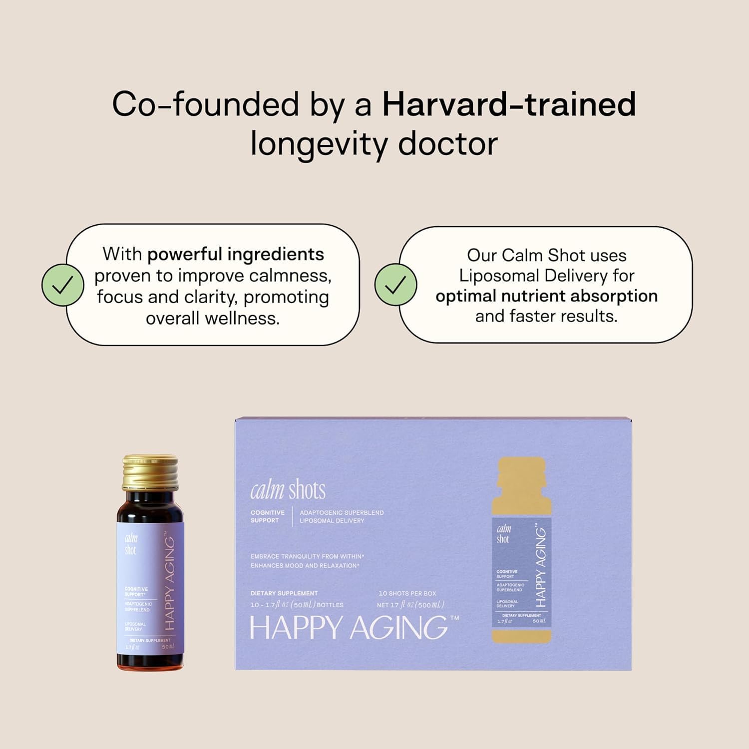 Happy Aging vitamin D3 B6 shot label focusing on mood balance and energy support