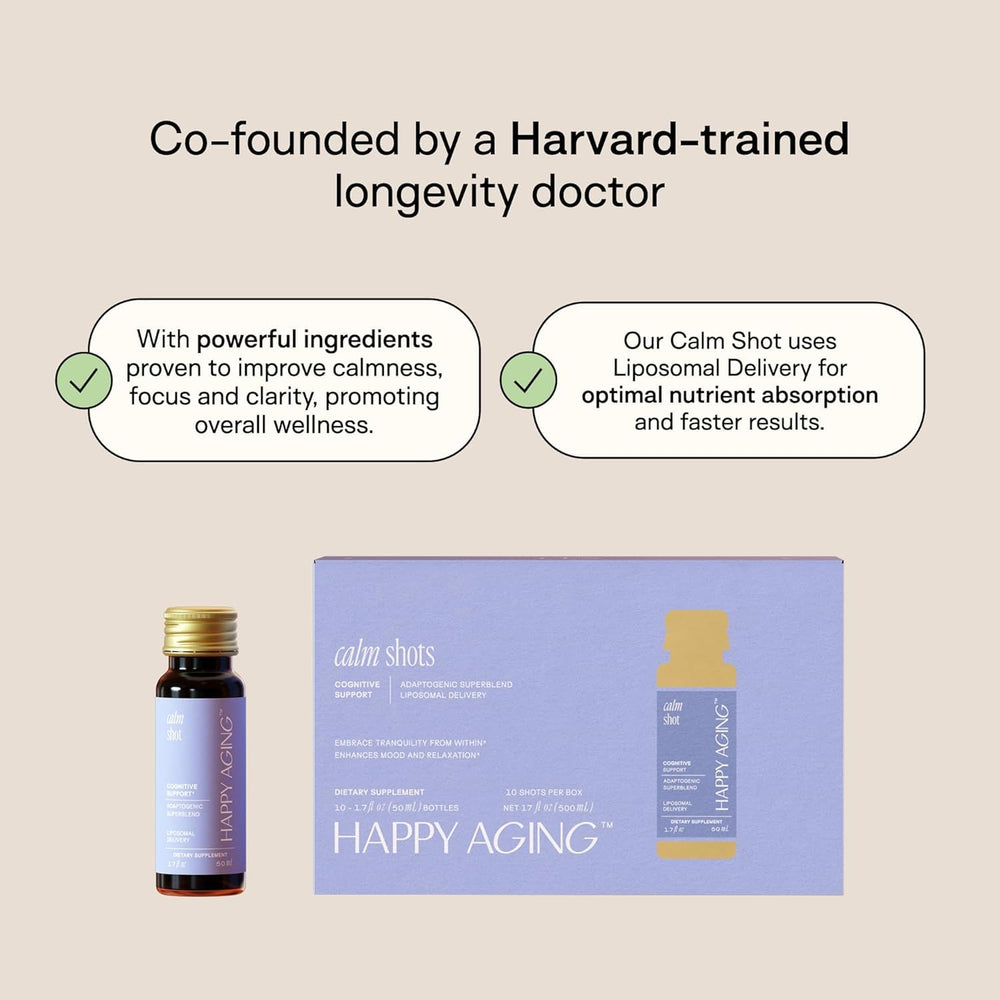 Happy Aging vitamin D3 B6 shot label focusing on mood balance and energy support