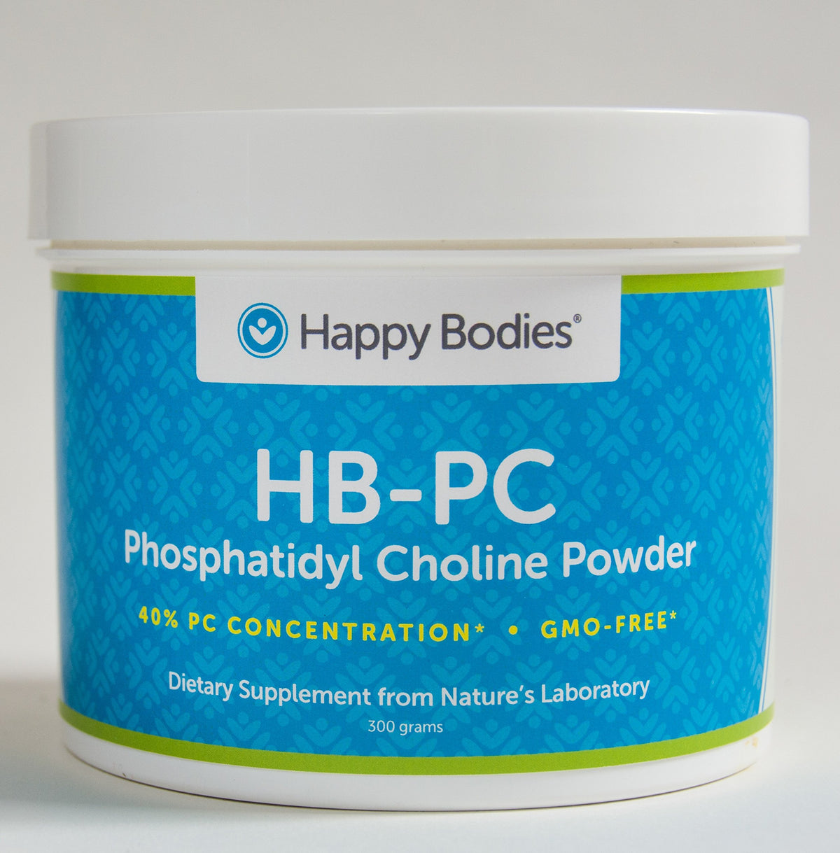 Happy Bodies HB-PC packaging shows 40% phosphatidylcholine, GMO-free formula for cellular support.