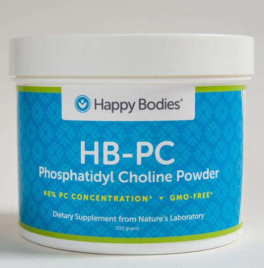 Happy Bodies HB-PC packaging shows 40% phosphatidylcholine, GMO-free formula for cellular support.
