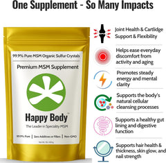 Happy Body MSM Crystals bottle, convenient daily supplement
