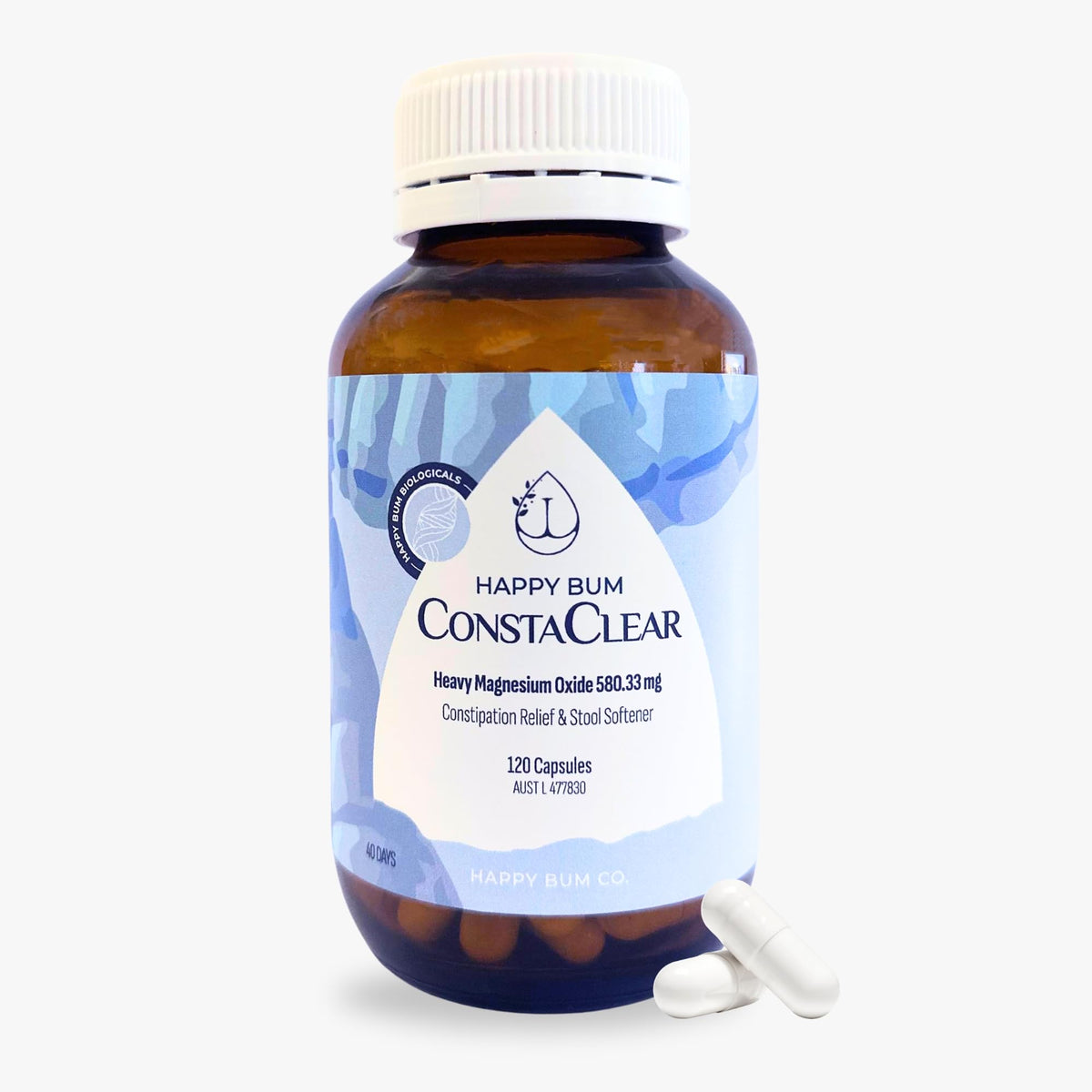 Happy Bum CostaClear bottle demonstrates gentle constipation relief for travel.