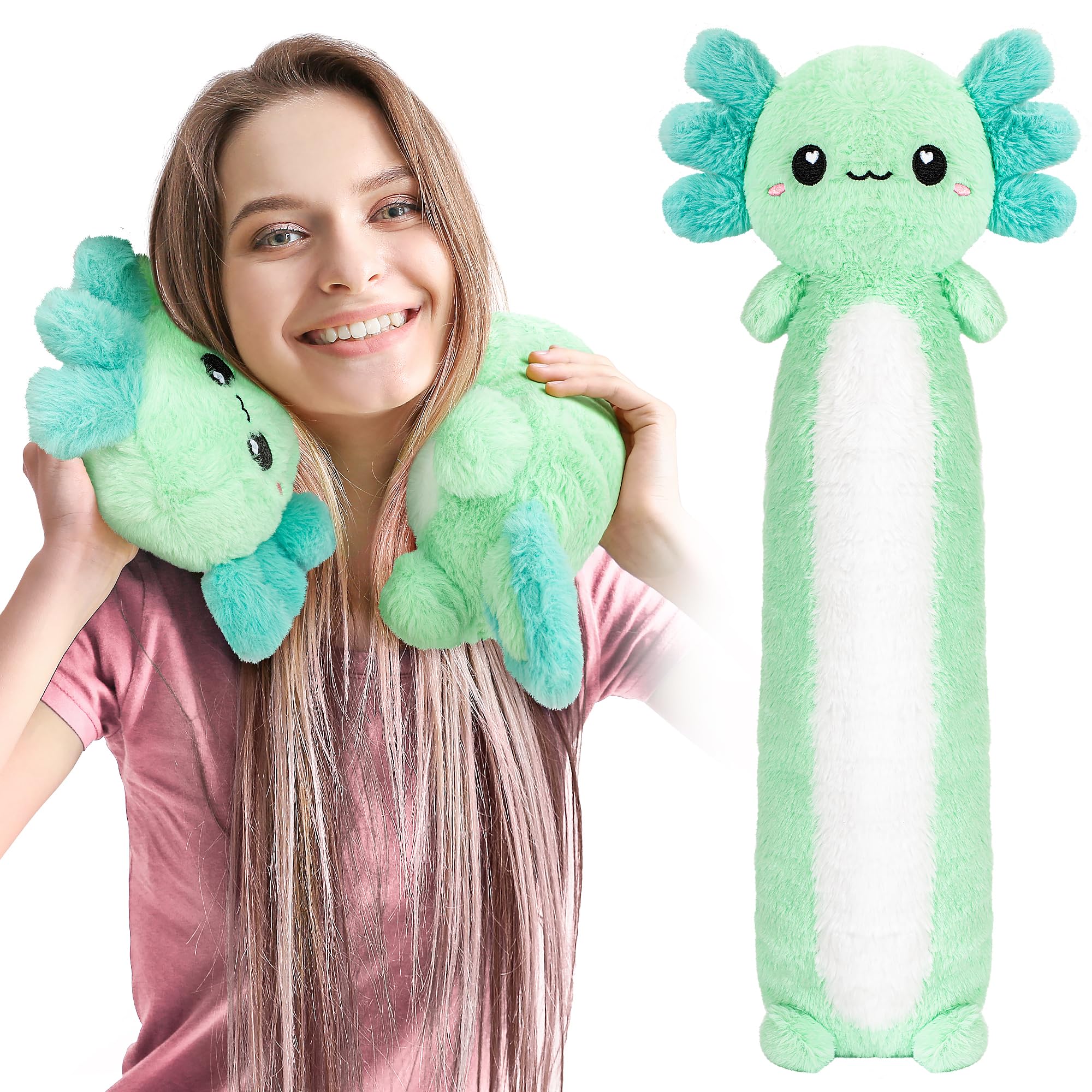 Happy Fuel Axolotl heating pad neck wrap close-up shows plush fabric and warmth.