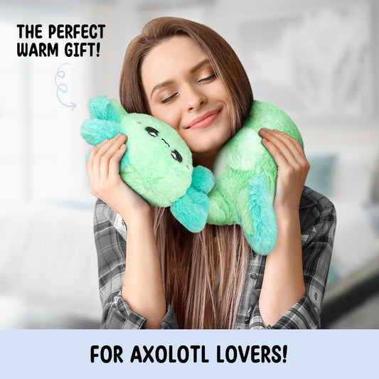 Happy Fuel Axolotl plush heat pad in use on shoulders for relief.