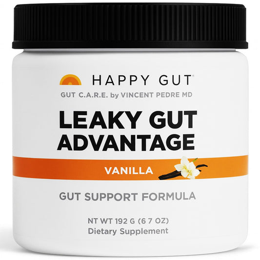 Happy GUT Leaky Gut Advantage bottle with vanilla flavor for daily comfort.