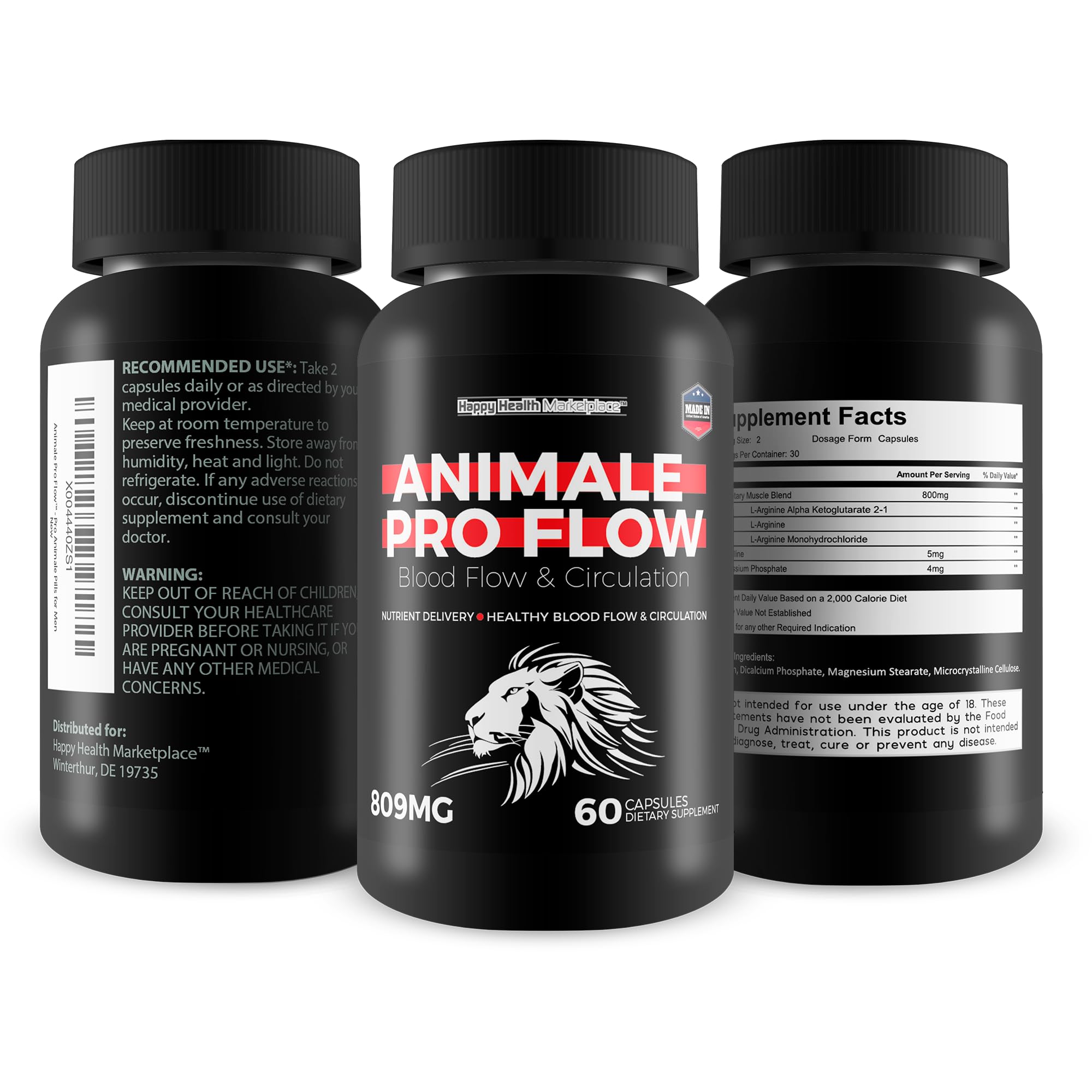 Animale Pro Flow label detail highlighting USA-made quality and safety standards.