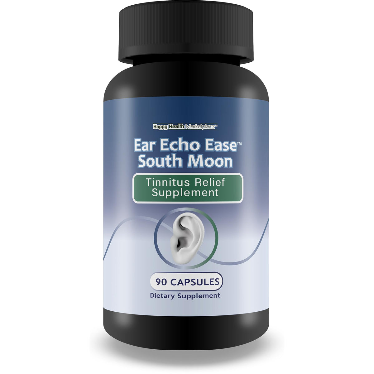 Happy Health Ear Echo Ease bottle shown for convenient daily tinnitus relief.