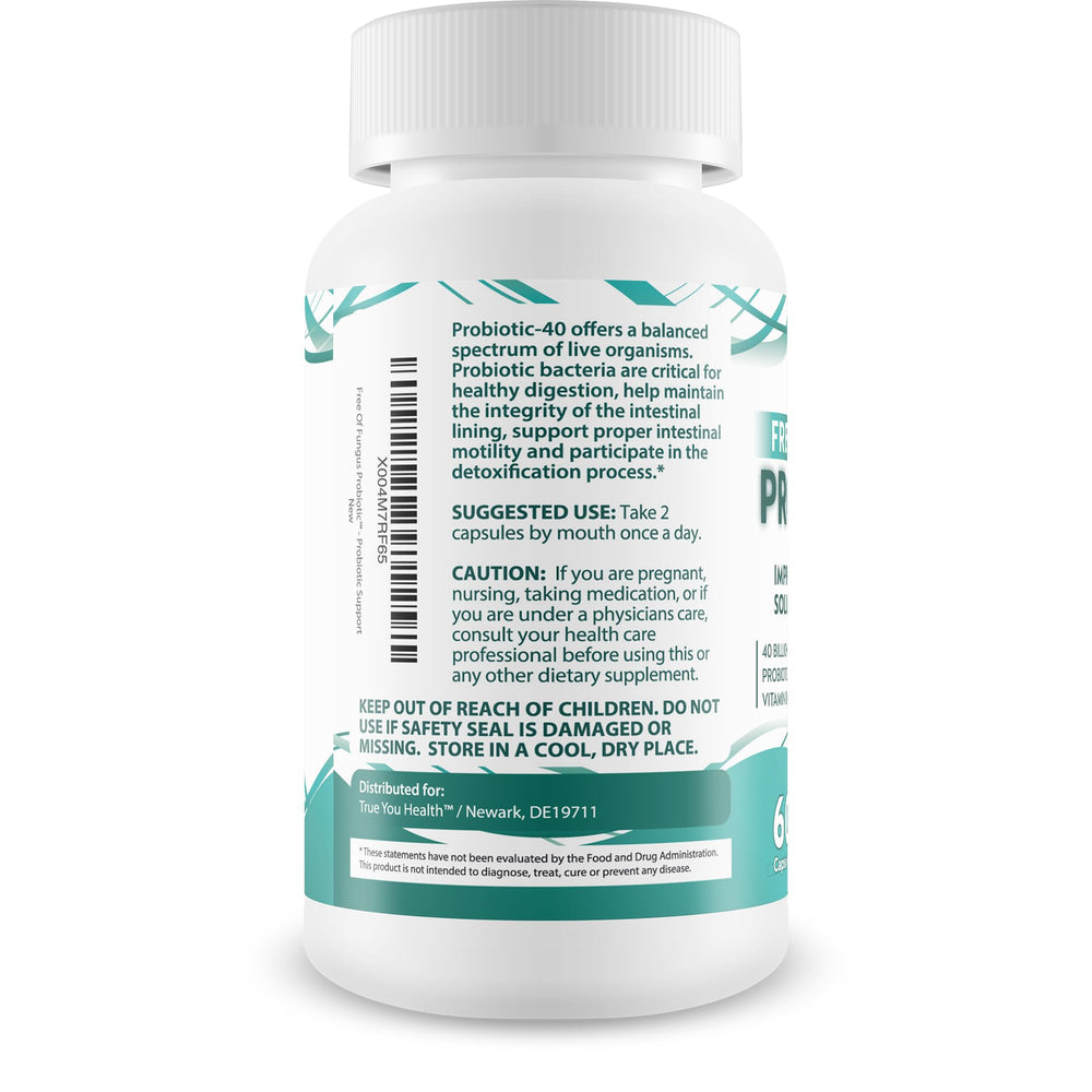 Happy Health Free Of Fungus Probiotic label highlights 40B CFU and vitamin D zinc blend.