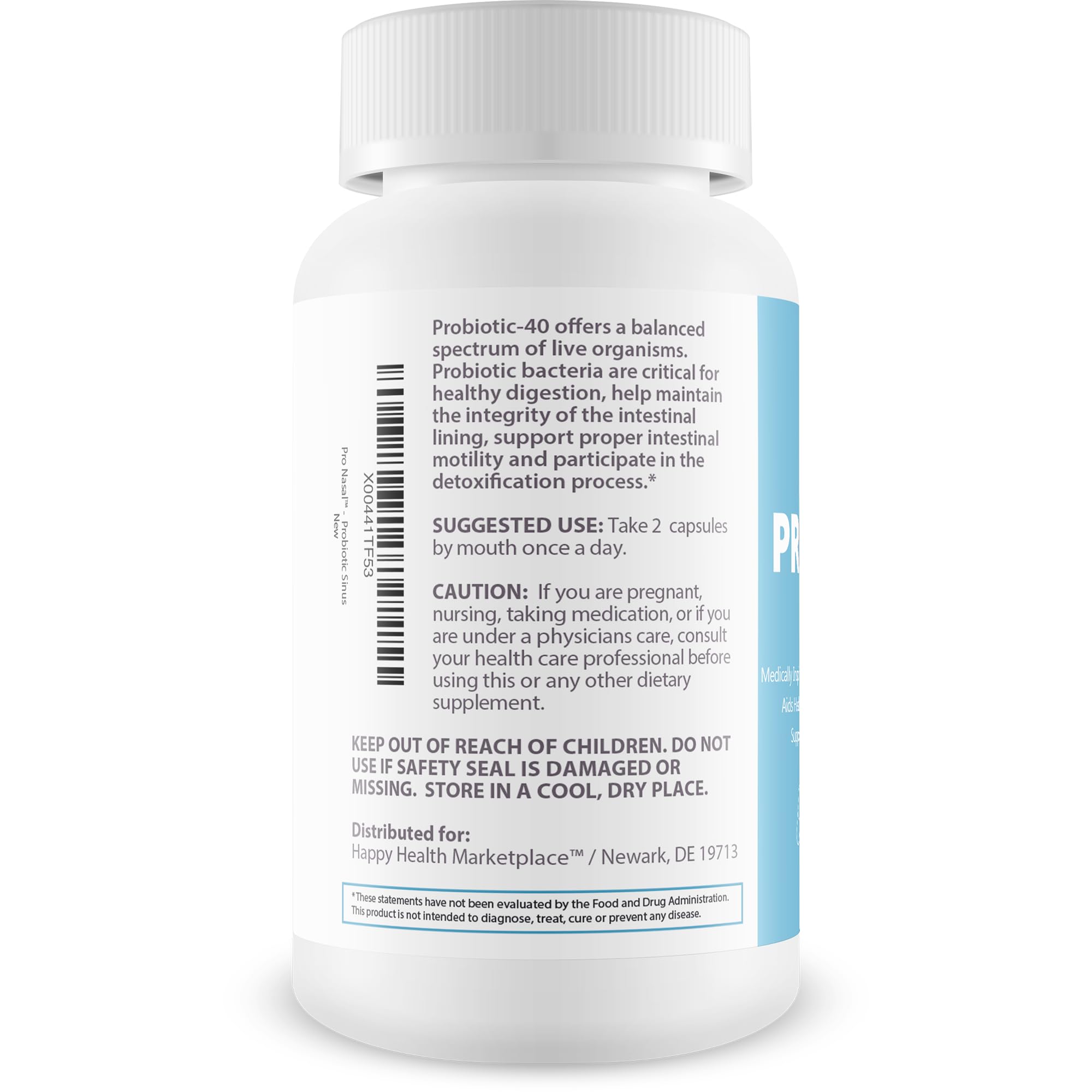 Happy Health Marketplace Pro Nasal bottle back label with probiotic strains and usage tips.