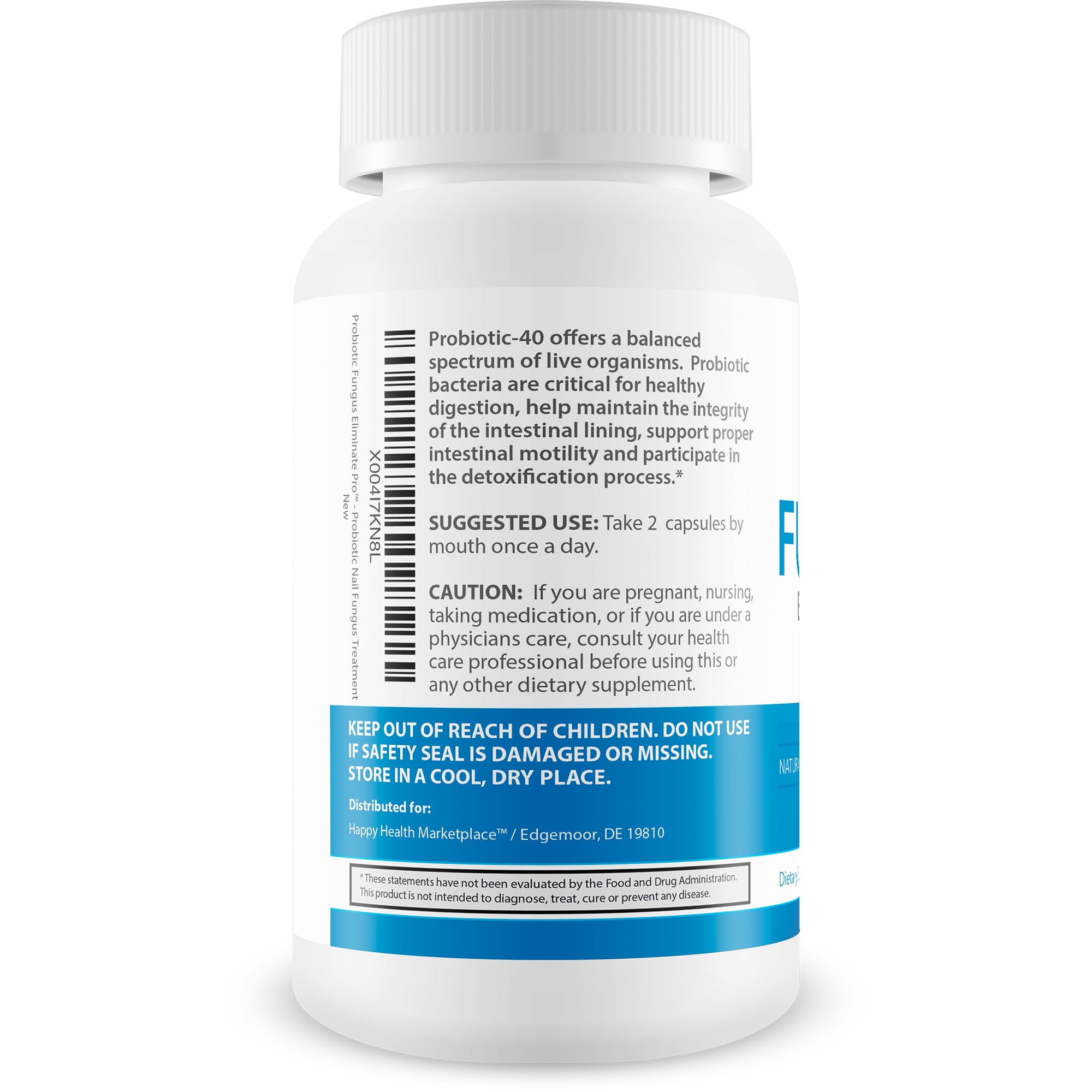 Happy Health Marketplace Probiotic Fungus Eliminate Pro label closeup showing USA-made quality.