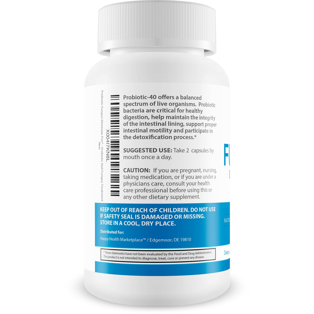 Happy Health Marketplace Probiotic Fungus Eliminate Pro label closeup showing USA-made quality.