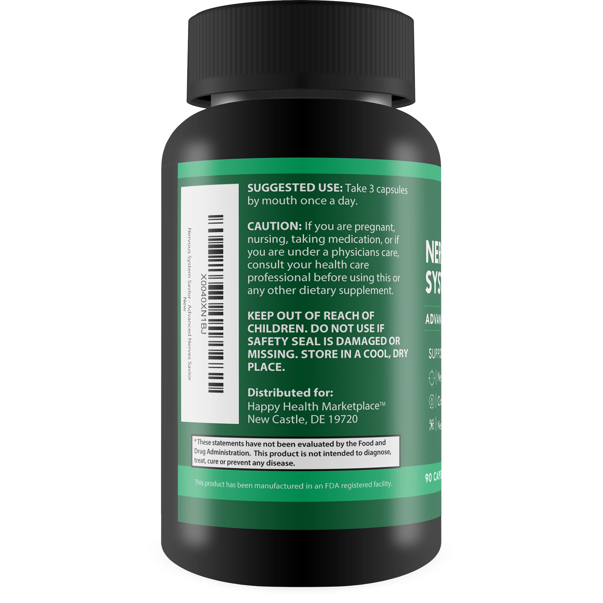 Happy Health Nervous System Savior capsules arranged neatly for daily routines