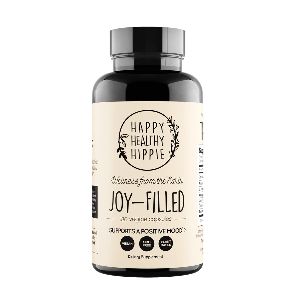 Happy Healthy Hippie Joy-Filled bottle front shows calming mood support for daily balance