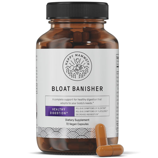 Happy Mammoth Bloat Banisher bottle front promotes easier digestion after meals