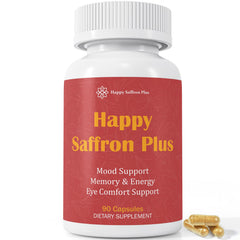 Happy Saffron Plus bottle front with capsules, suggesting daily mood support.
