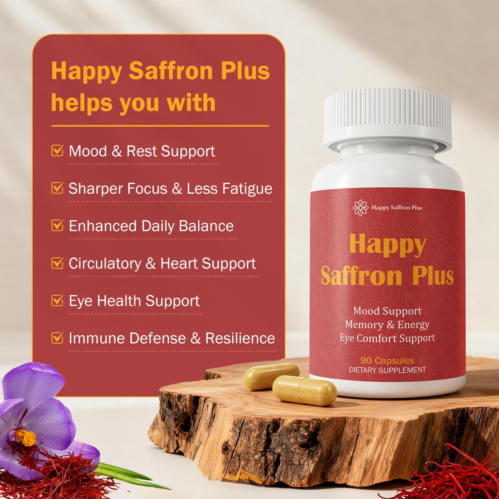 Happy Saffron Plus label detail showcasing saffron, curcumin, and zinc.