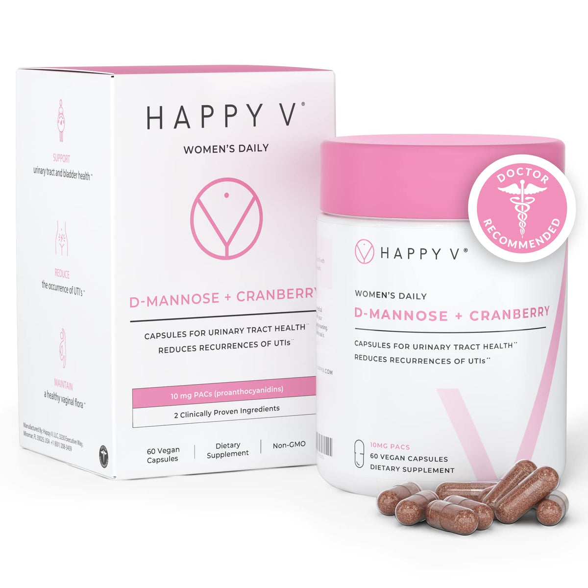 Happy V D-Mannose Cranberry pills for women supporting urinary health.