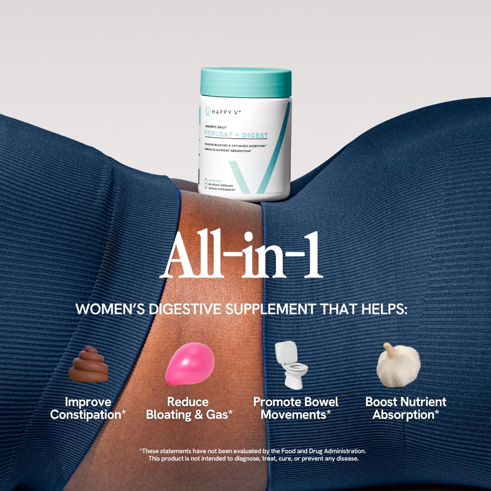 Happy V Debloat + Digest women-focused scene communicates gut wellness