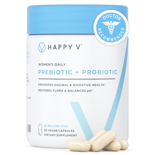 Happy V packshot of the Dr. Formulated vaginal probiotics for daily feminine wellness.