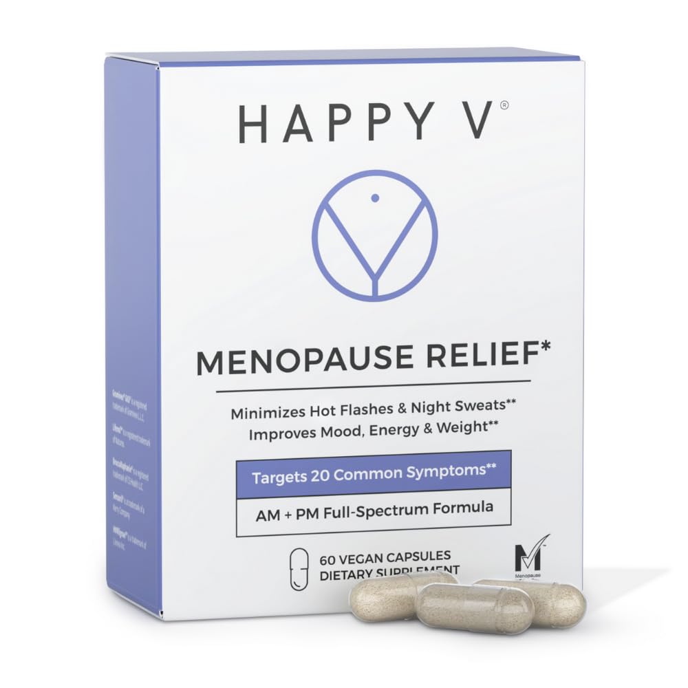 Happy V menopause relief bottle with pour demonstrates easy daily dosing.