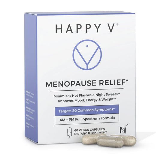 Happy V menopause relief bottle with pour demonstrates easy daily dosing.