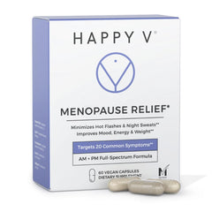 Happy V menopause relief bottle with pour demonstrates easy daily dosing.