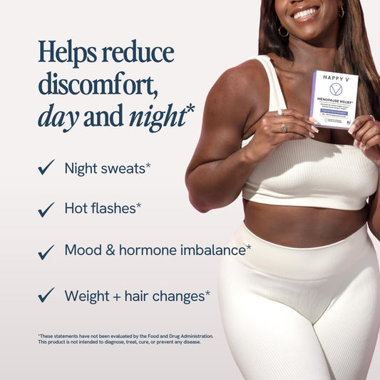 Happy V menopause relief capsules laid out highlight vegan, non-GMO formulation.
