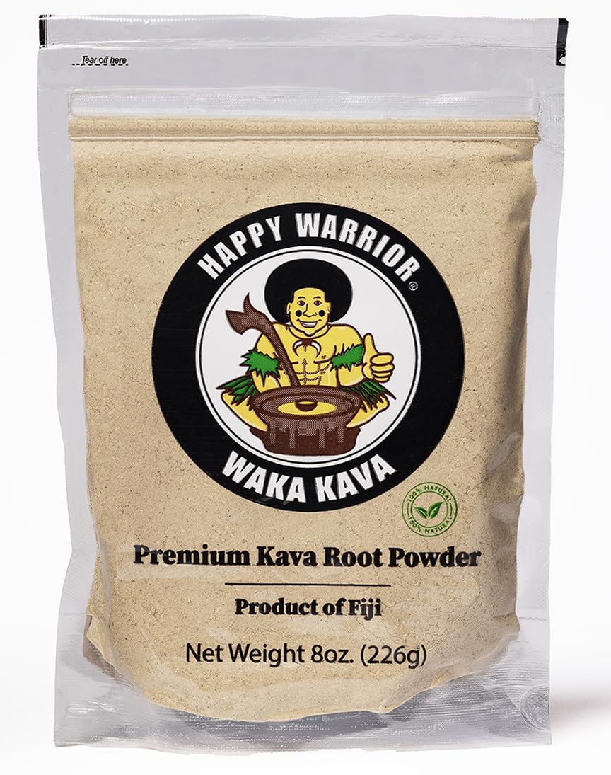 Happy Warrior Kava Powder Fiji bag shows natural color and premium quality for a calming ritual