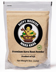 Happy Warrior Kava Powder Fiji bag shows natural color and premium quality for a calming ritual