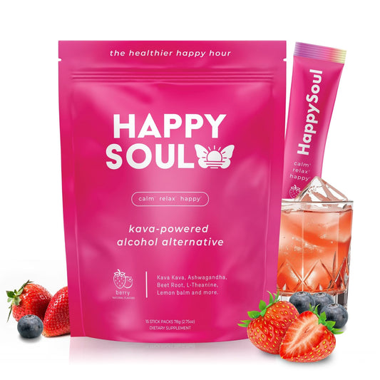 HappySoul Kava Drink Mix Berry powder pack showcasing a calming, alcohol-free option
