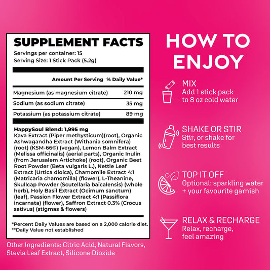 HappySoul Kava Drink Mix Berry single serve stick for convenient mindful evenings