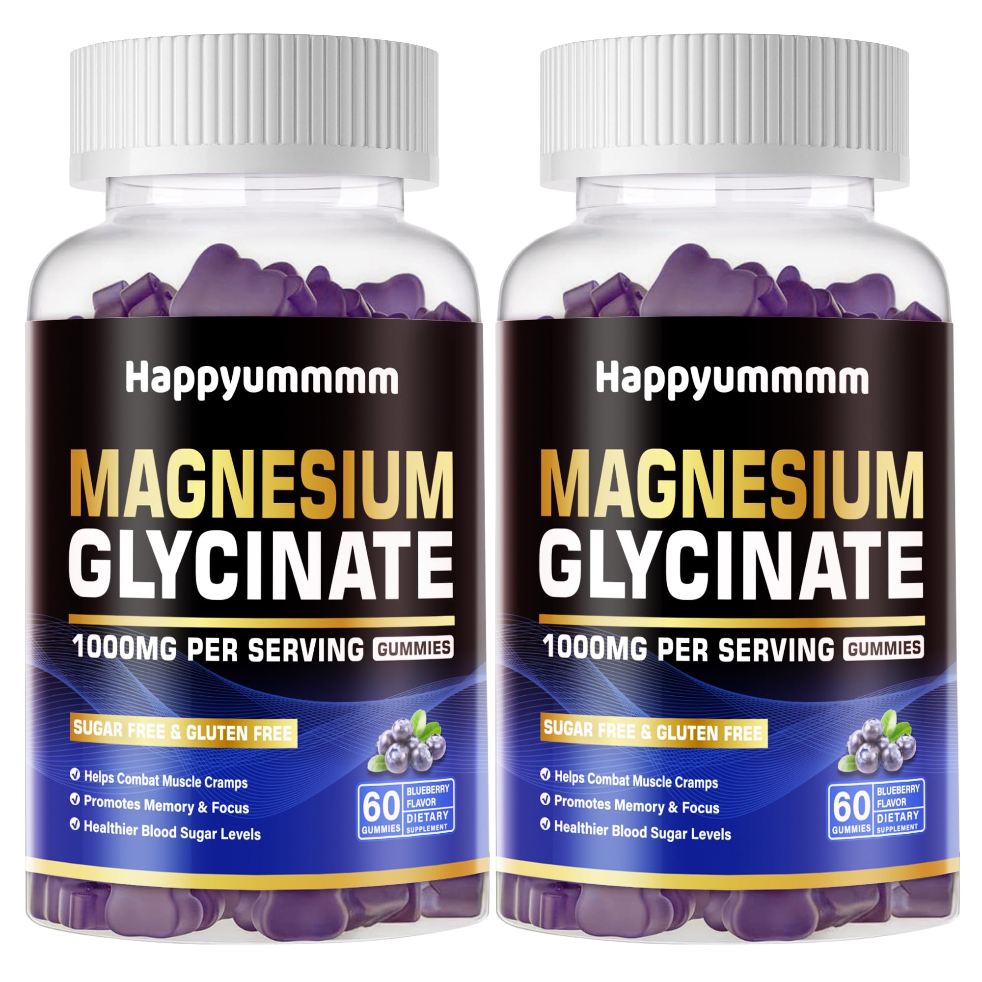 Happyummmm Magnesium Glycinate Gummies Blueberry bottle close-up for daily use.