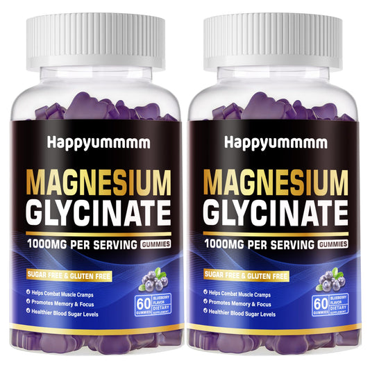 Happyummmm Magnesium Glycinate Gummies Blueberry bottle close-up for daily use.