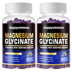 Happyummmm Magnesium Glycinate Gummies Blueberry bottle close-up for daily use.