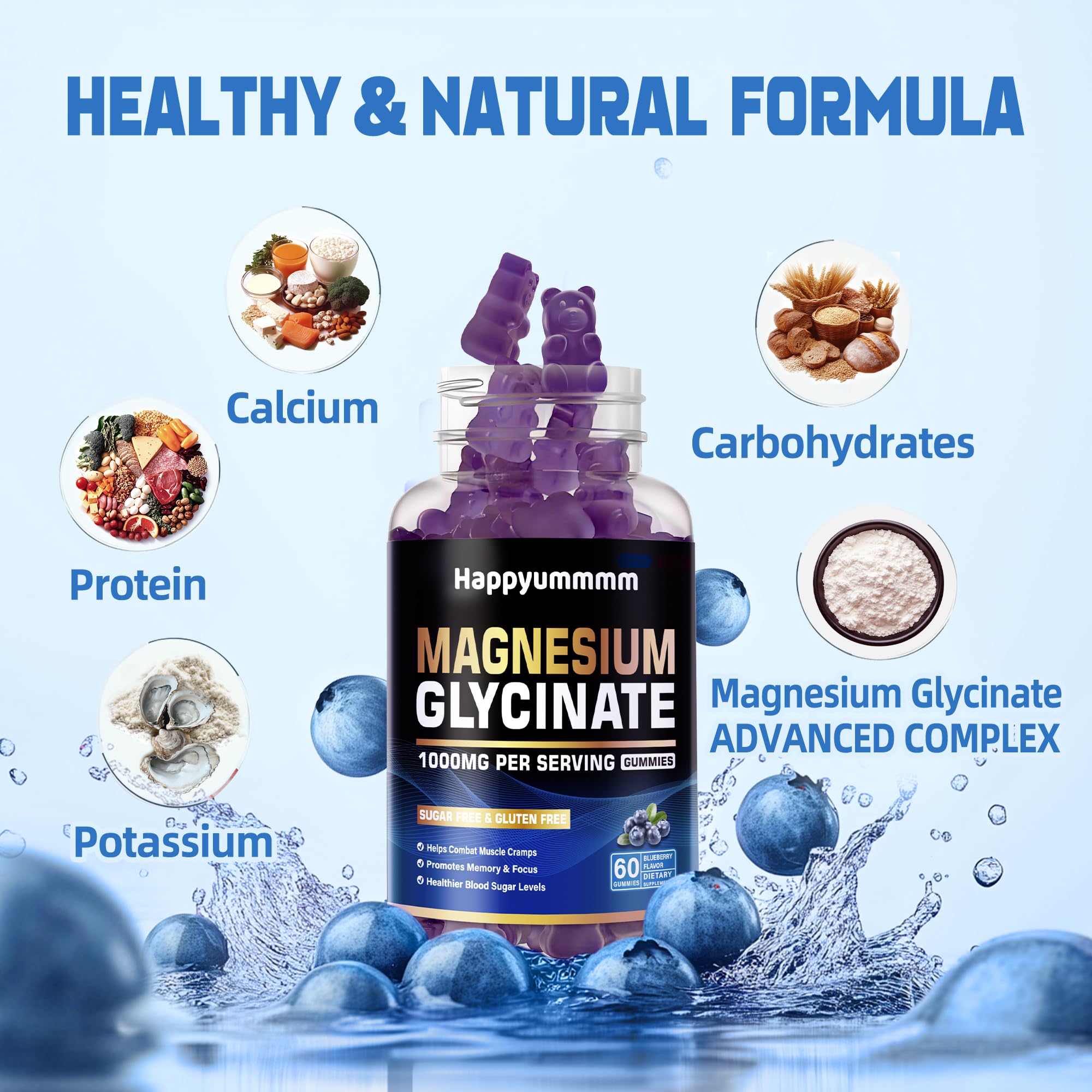 Happyummmm Magnesium Glycinate Gummies Blueberry bottle front view for everyday health.
