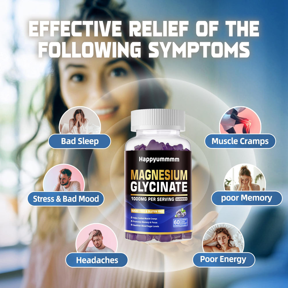 Happyummmm Magnesium Glycinate Gummies Blueberry ingredients label visible with key minerals.