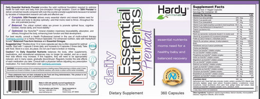 Hardy Daily Essential Nutrients Prenatal label showing vitamin and mineral overview for prenatal care.