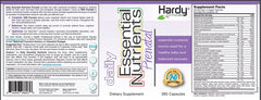 Hardy Daily Essential Nutrients Prenatal label showing vitamin and mineral overview for prenatal care.